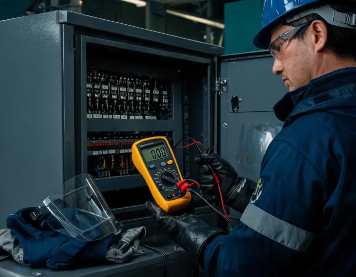 Technician using an Extech digital multimeter at an industrial control panel