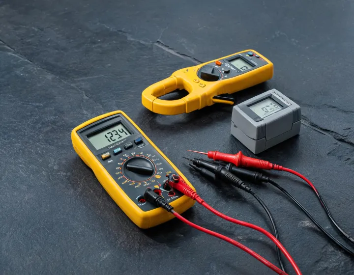 Extech digital multimeter and calibrated test leads on an electrical diagnostics bench