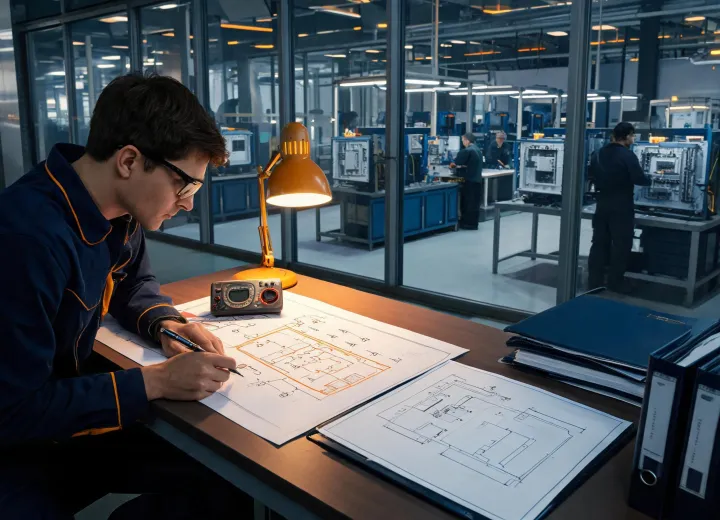 Electrical engineer reviewing multimeter drawings and nameplate data